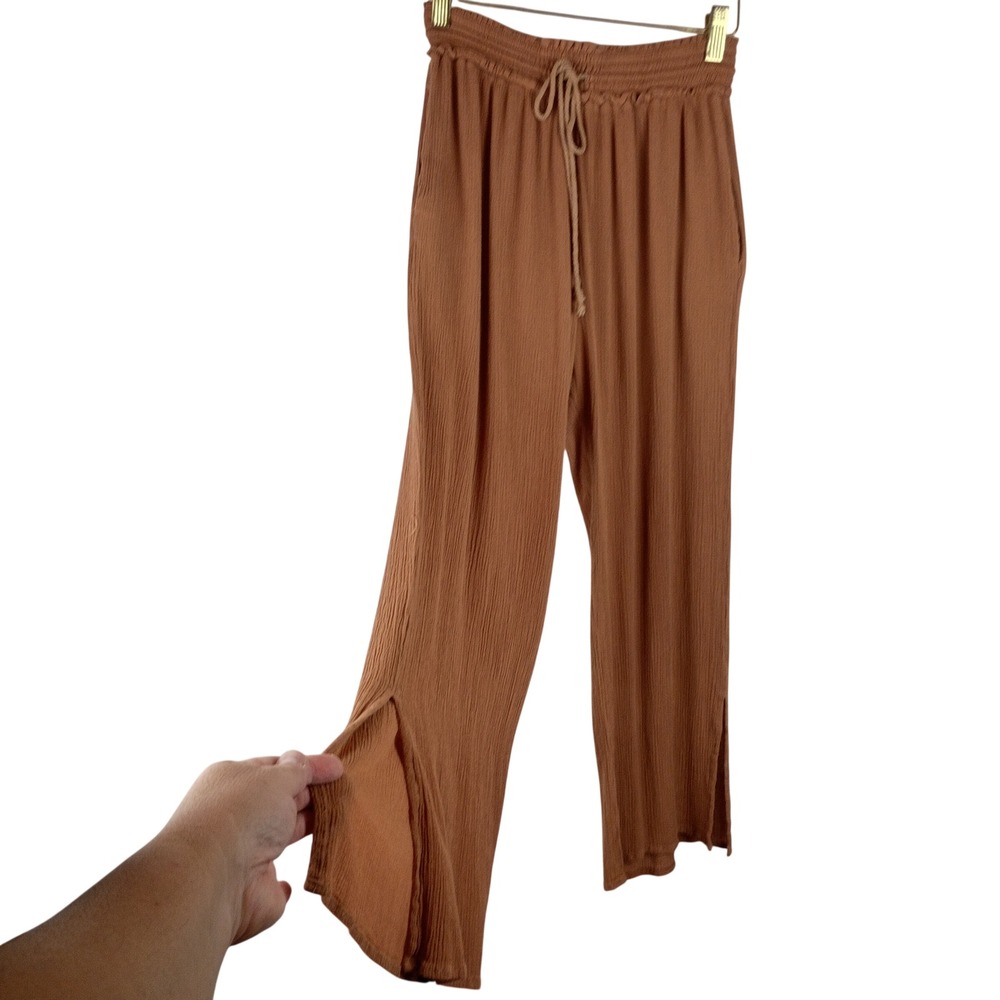 Wishlist Womens Rust Brown Textured Gauze Wide Leg Crop Pants Elastic Waist S - Picture 2 of 8